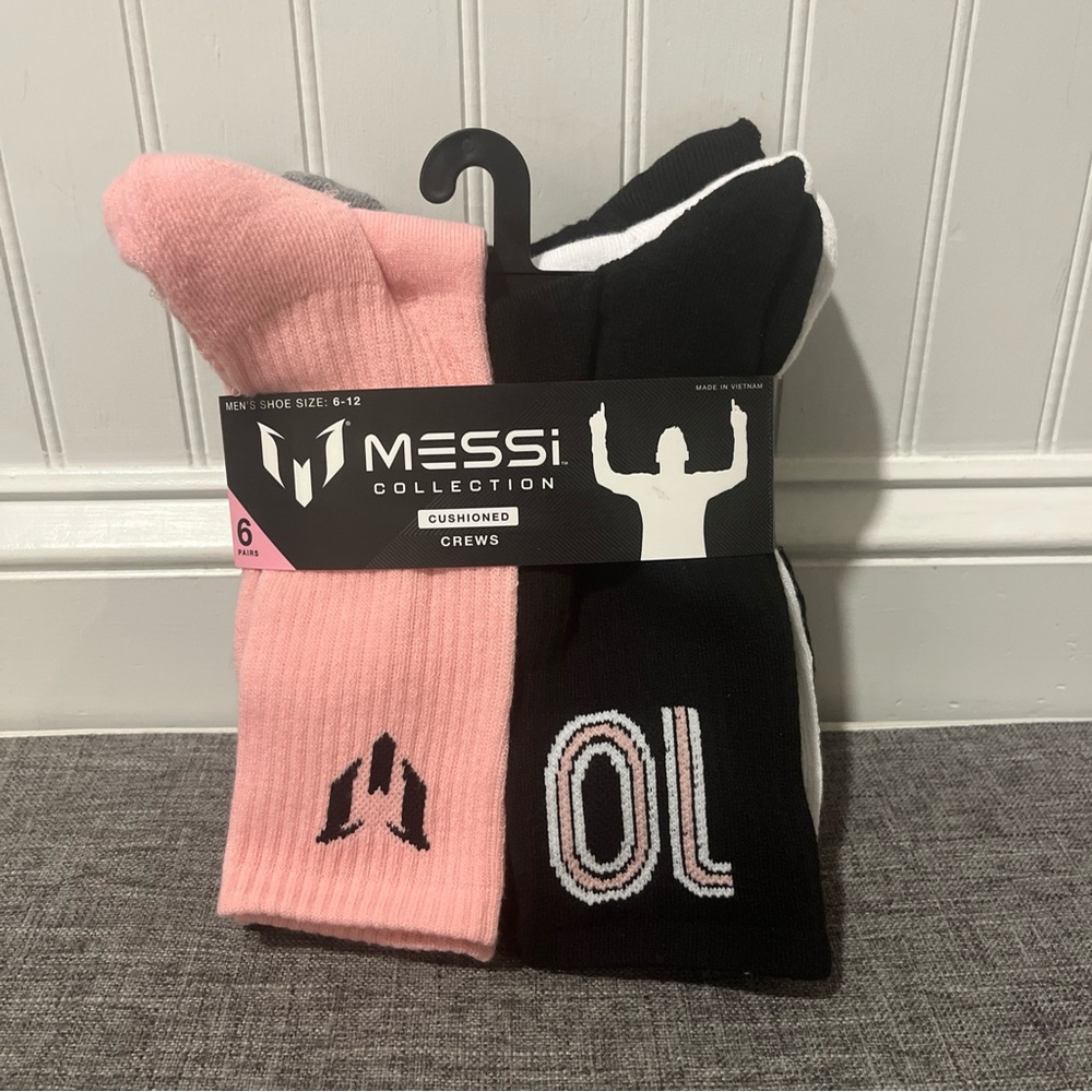 MESSI Collection Mens Cushioned Crew Socks Sz 6-12 Set of 6 Pink Bla White NEW